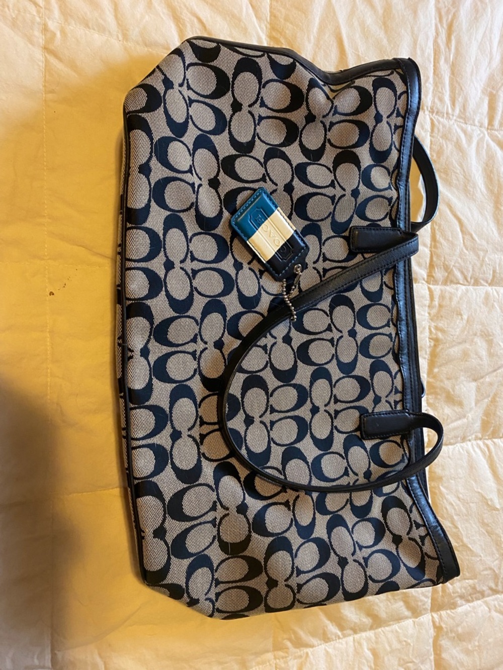 Coach Signature Canvas Tote in Navy and Khaki with Black Trim